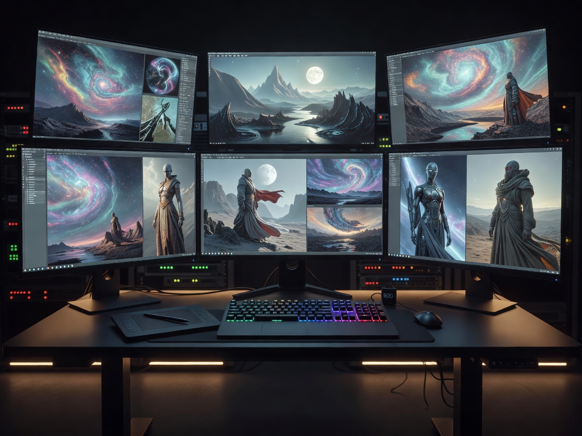 AI image generation workspace with digital concept art panels