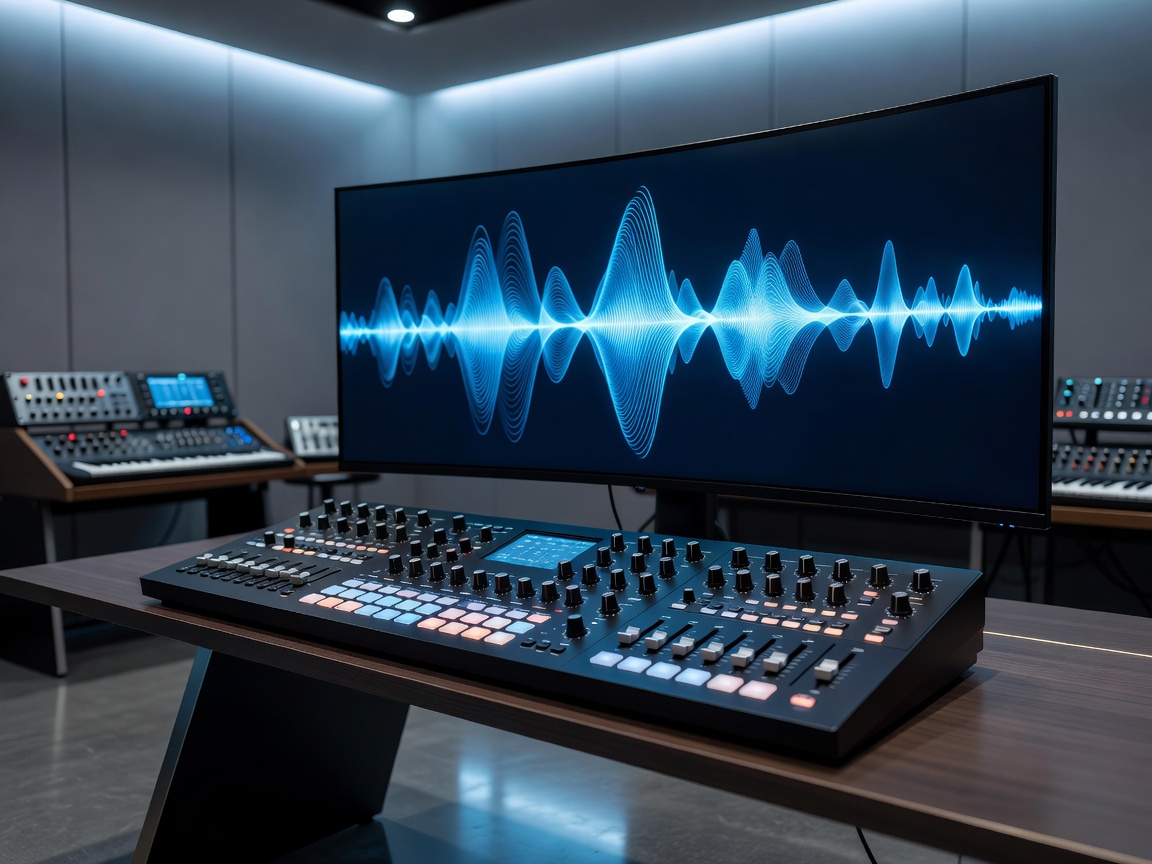 AI music generation studio with waveform and synthesizer controls
