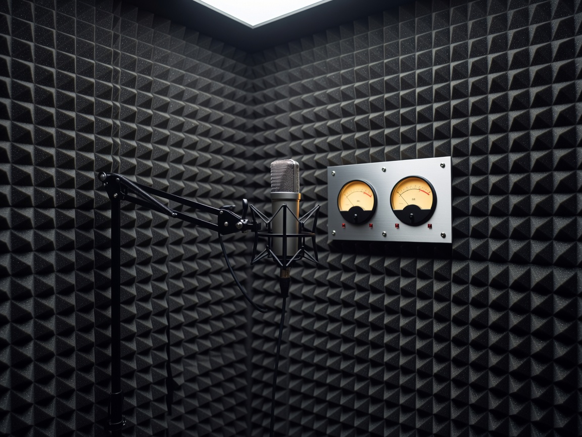AI voice production booth with microphone and audio meters